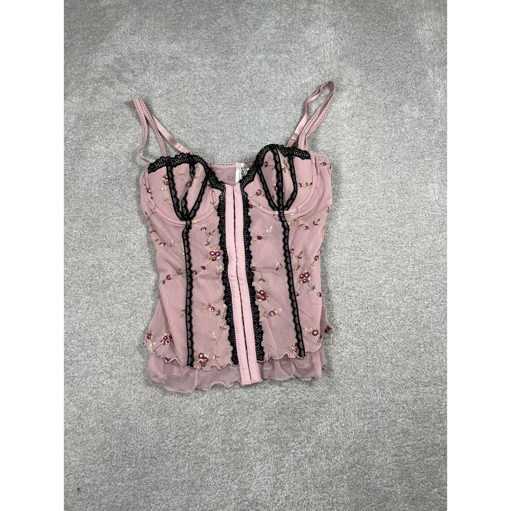 Rampage Pink Floral Embroidered Mesh Bustier Corset Top Black Lace Trim 34B Y2K‎ - Picture 3 of 12